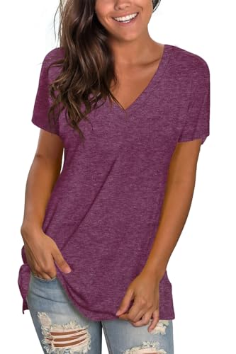 Sipaya T Shirts for Women Summer Casual Plain Tees Vneck Short Sleeve Tunic Tops for Leggings Fuchsia L - Image 1