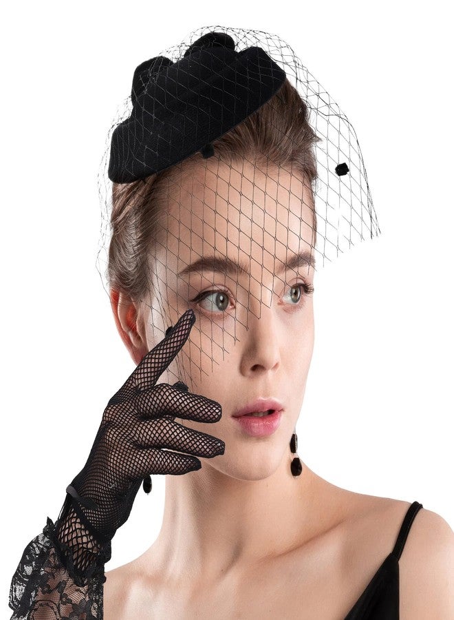 Aethland 20s 50s Pillbox Derby Fascinator Hat Veil Feather Fascinators Hair Clip Wedding Tea Party Hat and Short Lace Gloves for Women Black - Image 1