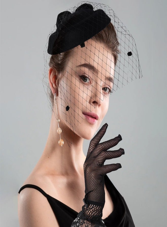 Aethland 20s 50s Pillbox Derby Fascinator Hat Veil Feather Fascinators Hair Clip Wedding Tea Party Hat and Short Lace Gloves for Women Black - Image 3