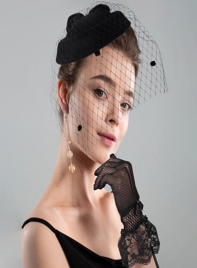 Aethland 20s 50s Pillbox Derby Fascinator Hat Veil Feather Fascinators Hair Clip Wedding Tea Party Hat and Short Lace Gloves for Women Black - Image 2