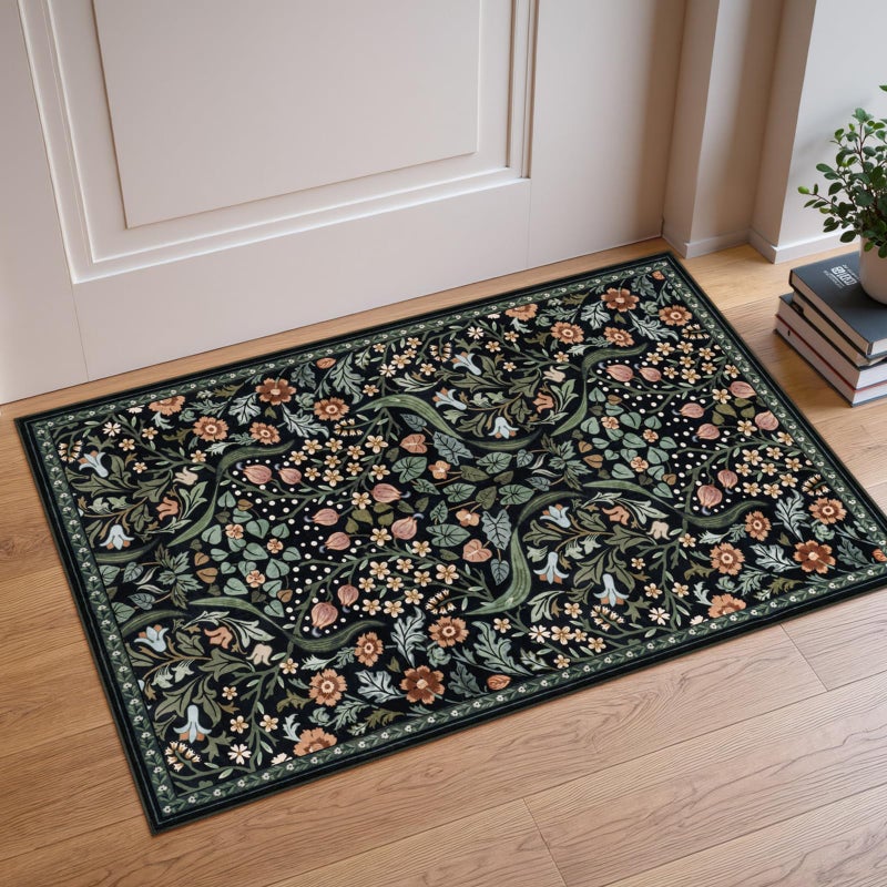 Moynesa Floral 2x3 Entryway Rug, Washable Kitchen Rugs Non Slip Front Door Mat for Indoor Entrance, Boho Ultra Thin Small Rug Soft Botanical Throw Carpet for Bathroom Bedroom, Black - Image 1