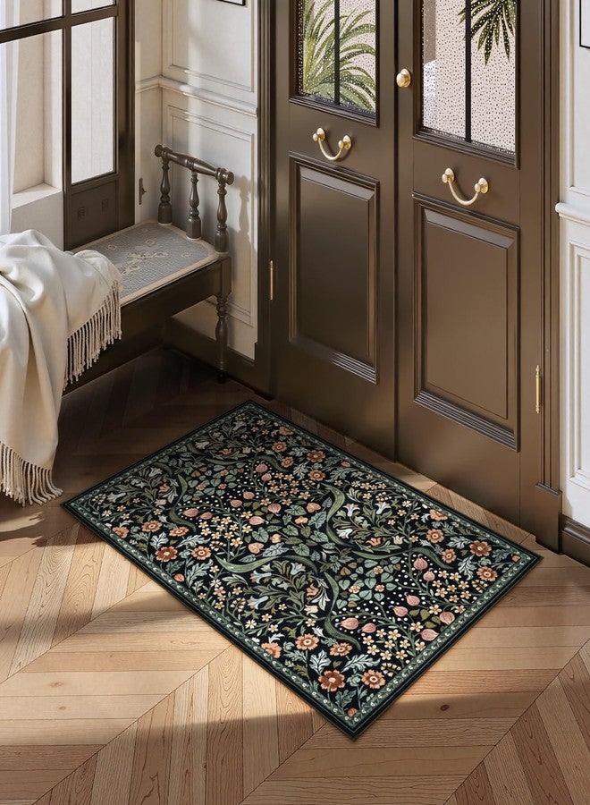 Moynesa Floral 2x3 Entryway Rug, Washable Kitchen Rugs Non Slip Front Door Mat for Indoor Entrance, Boho Ultra Thin Small Rug Soft Botanical Throw Carpet for Bathroom Bedroom, Black - Image 5