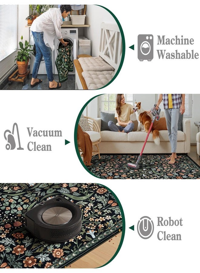 Moynesa Floral 2x3 Entryway Rug, Washable Kitchen Rugs Non Slip Front Door Mat for Indoor Entrance, Boho Ultra Thin Small Rug Soft Botanical Throw Carpet for Bathroom Bedroom, Black - Image 3