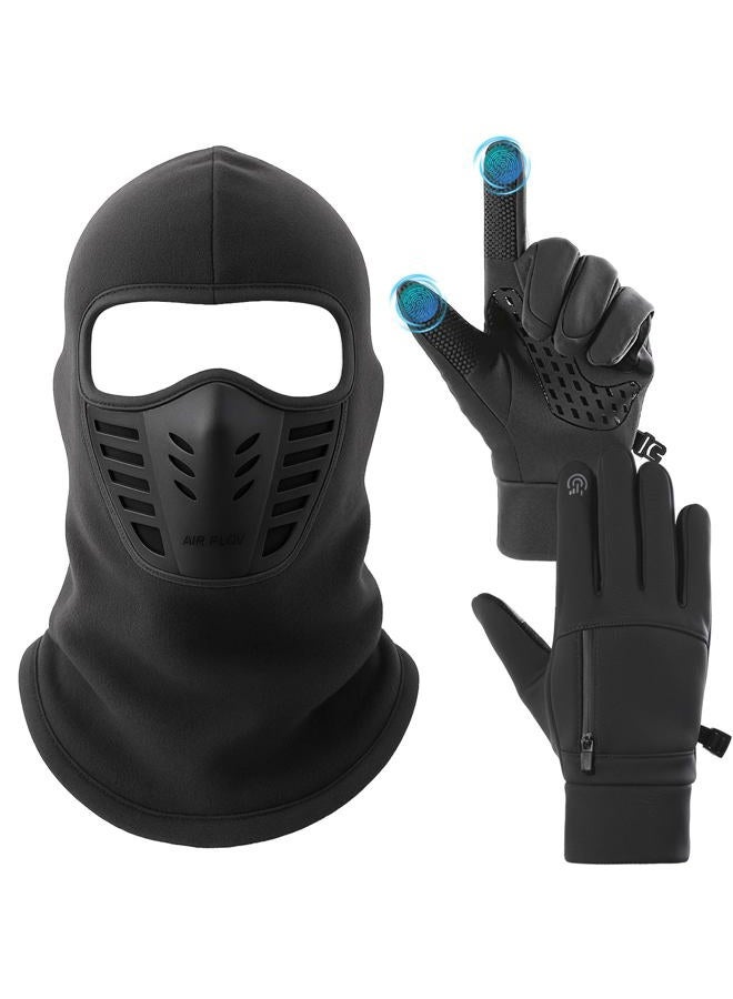 Frienda 2 Pcs Balaclava Ski Mask Gloves Set Winter Windproof Mask with Touchscreen Gloves for Men Women Cold Weather Riding, Grey, One size - Image 1