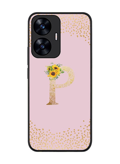 Rugged Black edge case for Realme C55 4G Slim fit Soft Case Flexible Rubber Edges Anti Drop TPU Gel Thin Cover -  Custom Monogram Initial Letter Floral Pattern Alphabet - P  (Pink )
