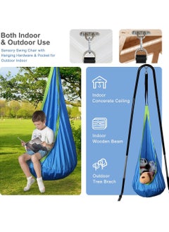 Uwals Kids Pod Swing Seat, Child Hanging Hammock Chair with Inflatable Pillow，Sensory Swing Chair with Hanging Hardware & Pocket for Outdoor Indoor, Berry Blue  - Image 2