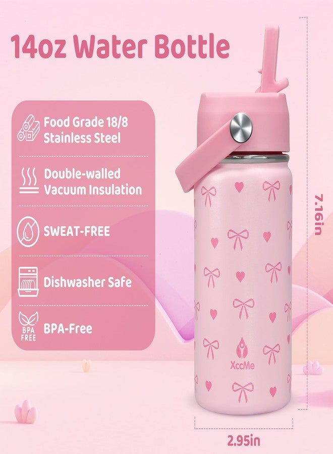 XccMe Kids Water Bottle With Straw Lid,Pink Bow 14 oz Stainless Steel Travel Bottle,Double Wall Leak Proof Kids Cup,Insulated Tumbler for Toddlers,Metal Bottle for School Boys Girls - Image 3