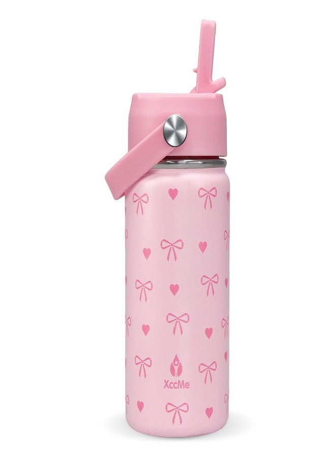 XccMe Kids Water Bottle With Straw Lid,Pink Bow 14 oz Stainless Steel Travel Bottle,Double Wall Leak Proof Kids Cup,Insulated Tumbler for Toddlers,Metal Bottle for School Boys Girls - Image 1