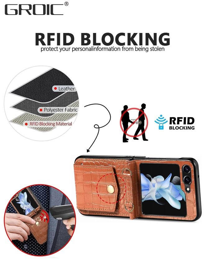 GROIC Compatible Samsung Galaxy Z Flip 5 Case with Card Holder,Shockproof RFID Blocking PU Leather Crossbody Protective Case for Galaxy Z Flip 5 Case with Lanyard,Samsung Z Flip 5 Leather Case Brown - Image 3