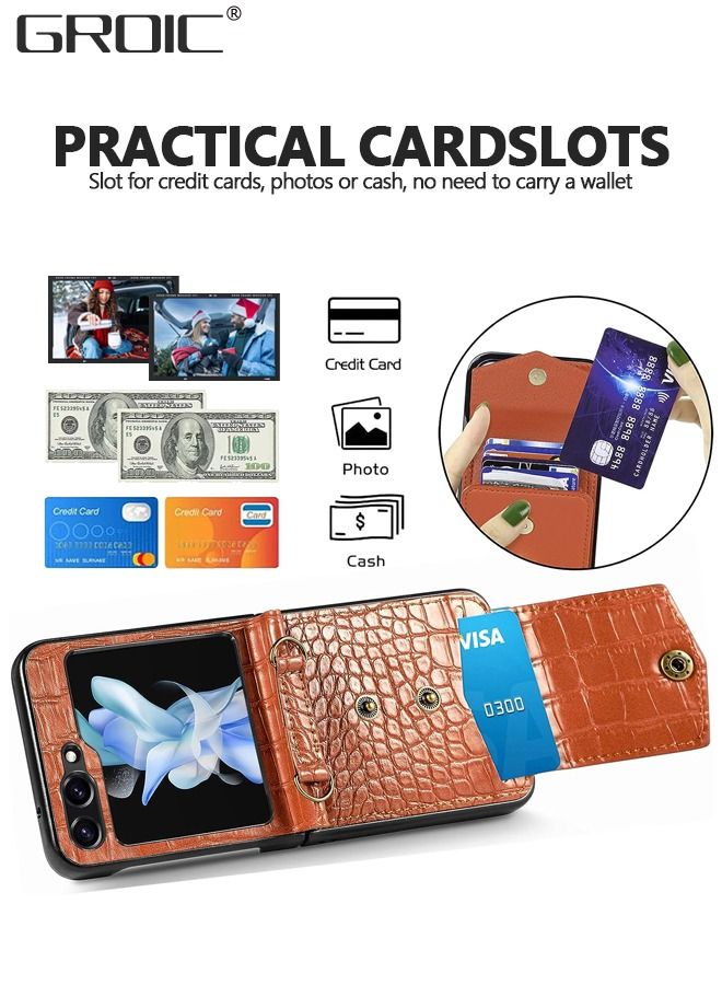 GROIC Compatible Samsung Galaxy Z Flip 5 Case with Card Holder,Shockproof RFID Blocking PU Leather Crossbody Protective Case for Galaxy Z Flip 5 Case with Lanyard,Samsung Z Flip 5 Leather Case Brown - Image 2