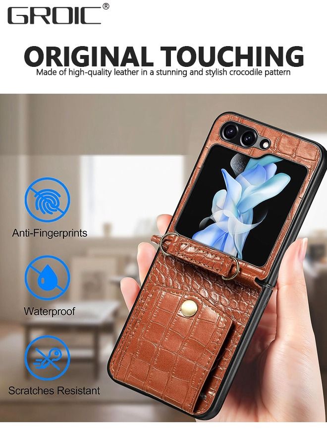 GROIC Compatible Samsung Galaxy Z Flip 5 Case with Card Holder,Shockproof RFID Blocking PU Leather Crossbody Protective Case for Galaxy Z Flip 5 Case with Lanyard,Samsung Z Flip 5 Leather Case Brown - Image 4