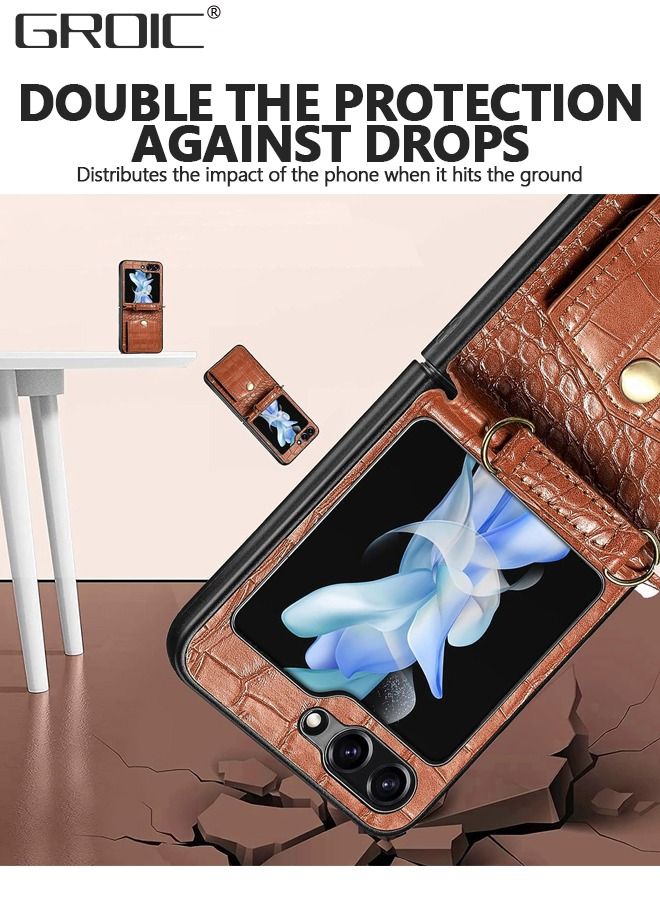 GROIC Compatible Samsung Galaxy Z Flip 5 Case with Card Holder,Shockproof RFID Blocking PU Leather Crossbody Protective Case for Galaxy Z Flip 5 Case with Lanyard,Samsung Z Flip 5 Leather Case Brown - Image 5
