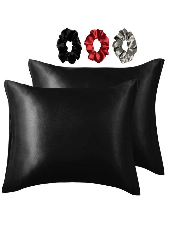 SILVR BEAR Premium Satin Pillow Covers + 3 Scrunchies | Aesthetic Pillowcase - Standard - 18 x 27 inches | Great for Hair and Skin | Combo Pack (Black, Satin) - Image 1