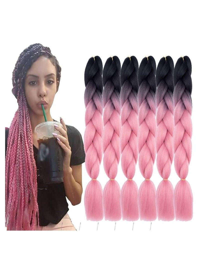 إستيل 6 عبوات وصلات شعر مضفرة جامبو من كانيكالون أومبير 24 بوصة درجة حرارة عالية من الألياف الاصطناعية لتمديد الشعر لضفائر الكروشيه الصندوقية لتجديل الشعر (أسود إلى وردي أحمر) - Image 2