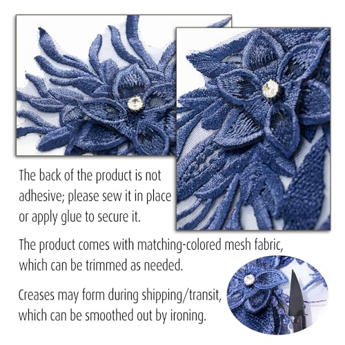 Silvora Phoenix Peacock Feather Tail Fabric Beaded Lace Applique,3D Embroidered Flower Fabric Patch for Bridal Dress, Handmade Sewing Tool for Wedding DIY Crafts(Navy Blue) - Image 4