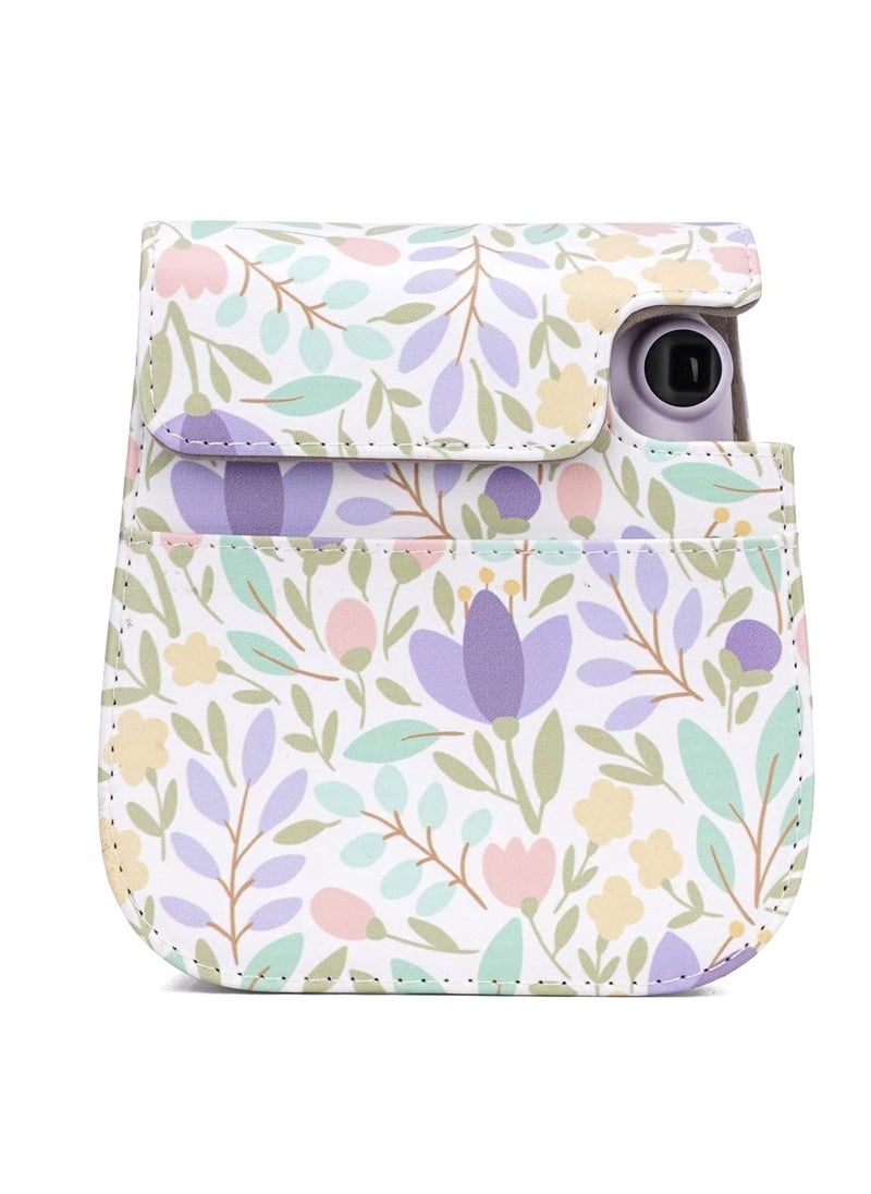 KASTWAVE Camera Bag Compatible with Fujifilm Instax Mini 11 Instant Camera Protective Bag Vintage Floral Pu Leather Camera Organizer with Shoulder Strap Purple Floral Camera Bag  - Image 3