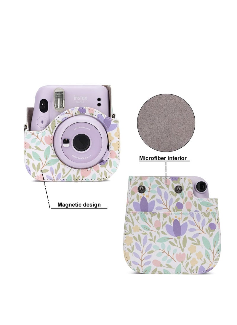 KASTWAVE Camera Bag Compatible with Fujifilm Instax Mini 11 Instant Camera Protective Bag Vintage Floral Pu Leather Camera Organizer with Shoulder Strap Purple Floral Camera Bag  - Image 4