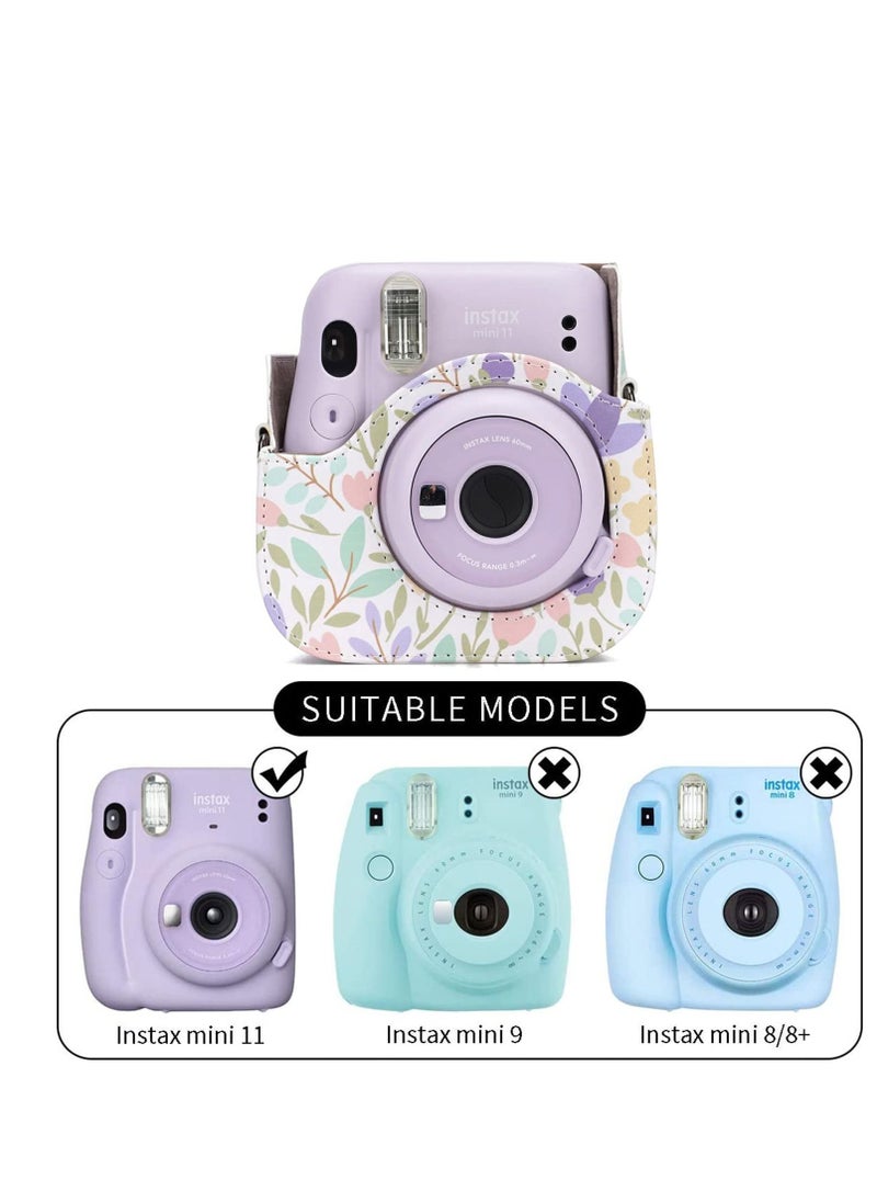 KASTWAVE Camera Bag Compatible with Fujifilm Instax Mini 11 Instant Camera Protective Bag Vintage Floral Pu Leather Camera Organizer with Shoulder Strap Purple Floral Camera Bag  - Image 5