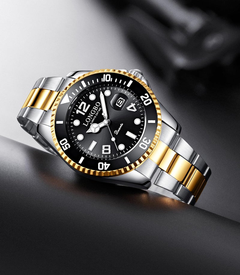 LONGBO Master Royale Stainless Steel Blue Dial Silver Band Luxury Analog Watch for Men (Gold) - Image 2