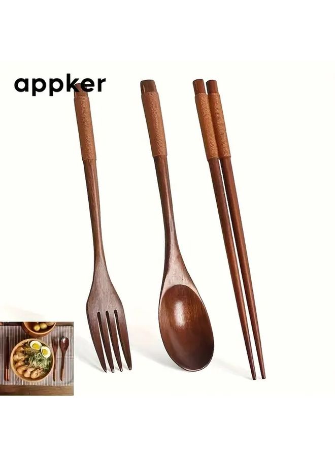 Handcrafted Wooden Cutlery Set 3Pcs Combination Spoon Fork Chopsticks Durable Kitchen Dining Essentials - Image 1