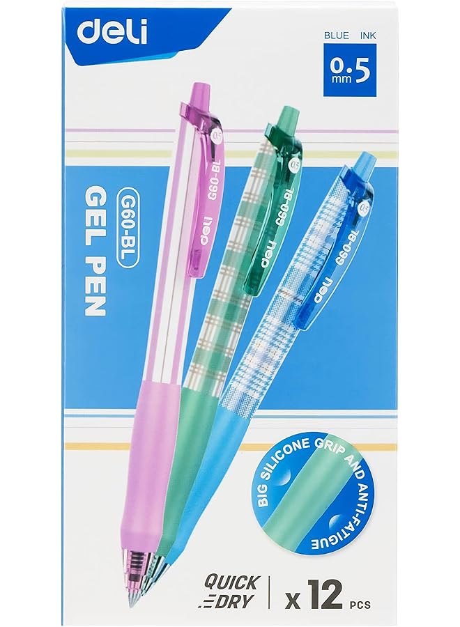 Deli Eg60 Bl 0.5 Mm Size Premium Comfort Grip Quick Dry Bullet Tip Gel Pen 12 Pieces Set Blue - Image 1