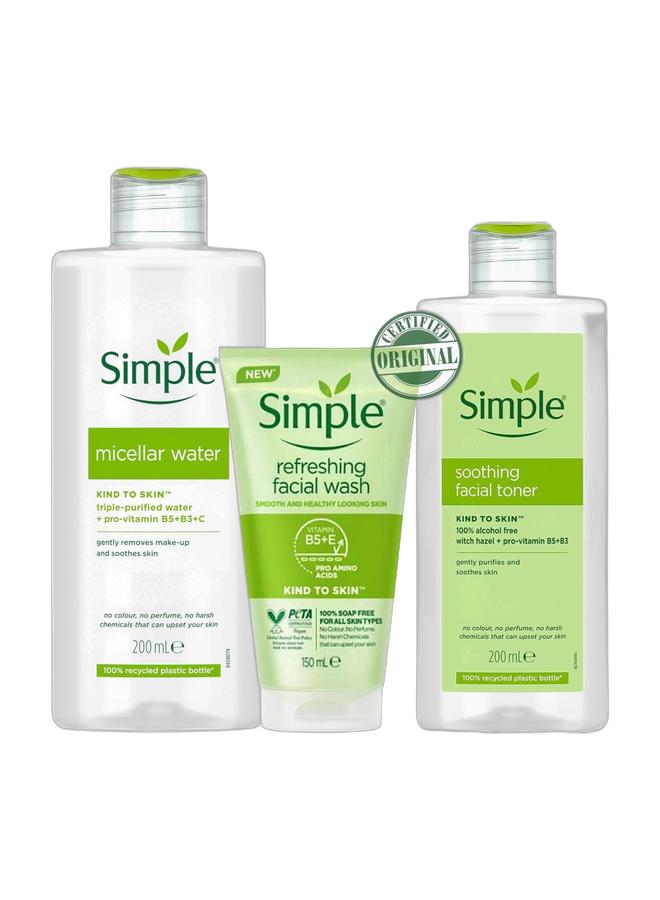 Simple Refreshing Facial Wash 150ML & Simple Kind to Skin Soothing Facial Toner 100% Alcohol-Free from the UK's No. 1 Facial Skin Care Brand* 200 ml & Simple Micellar Water 200ML Bundle - Image 1