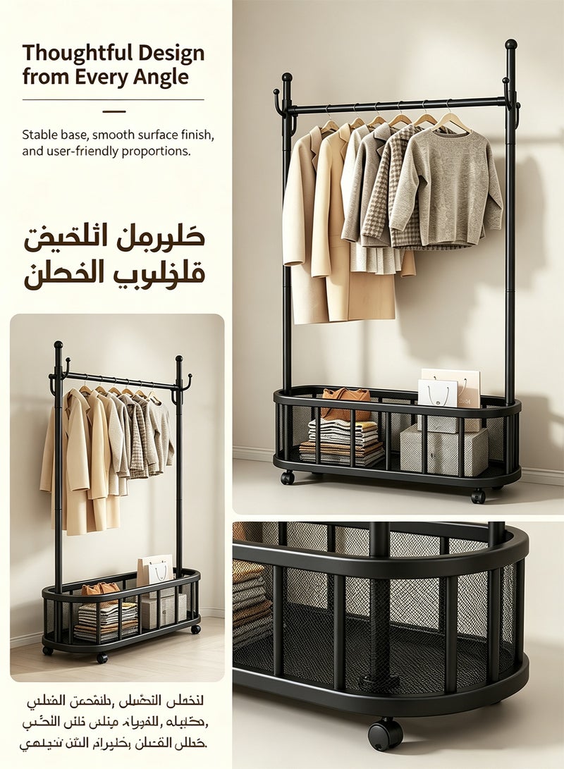 باور رف ملابس بقضيب مقاس 80*164 سم مع رف تخزين، رف ملابس معدني شديد التحمل مزود بعجلات، حامل ملابس متحرك ومنظم لغرفة النوم وغرفة المعيشة وغرفة الغسيل، رف ملابس قائم بذاته مع سلة سفلية، منظم خزانة ملابس موفر للمساحة - Image 5