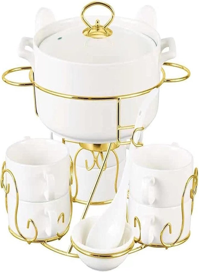 AKDC 17 Pcs Ceramic Soup Bowl Set With Gold Coated Serving Stand ,6 Pcs Ounces Small Soup Bowl With Handles And 1 Big Dish Bowl, Oven Safe And Microwavable (Style 3) - Image 2