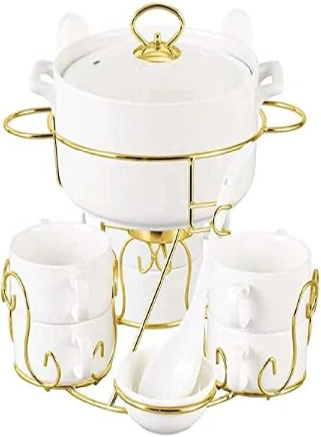 AKDC 17 Pcs Ceramic Soup Bowl Set With Gold Coated Serving Stand ,6 Pcs Ounces Small Soup Bowl With Handles And 1 Big Dish Bowl, Oven Safe And Microwavable (Style 3) - Image 1