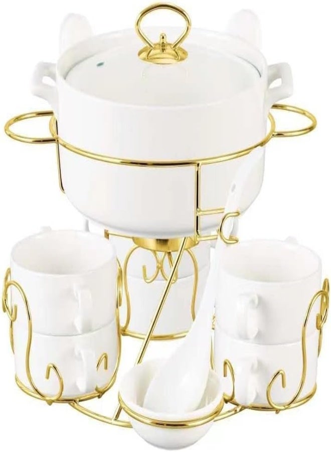 AKDC 17 Pcs Ceramic Soup Bowl Set With Gold Coated Serving Stand ,6 Pcs Ounces Small Soup Bowl With Handles And 1 Big Dish Bowl, Oven Safe And Microwavable (Style 3) - Image 3