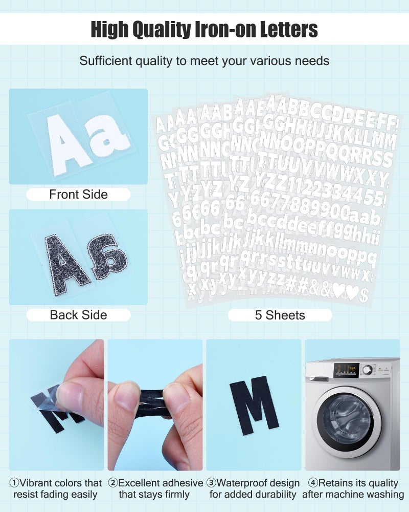 Craftizon 1 inch Iron on Letters and Numbers for Clothing, 5 Sheets 755 Pieces Uppercase and Lowercase A-Z, 0-9 - PU Vinyl Heat Transfer Alphabet Stickers for Fabric T-Shirt Designs DIY Crafts - Image 3