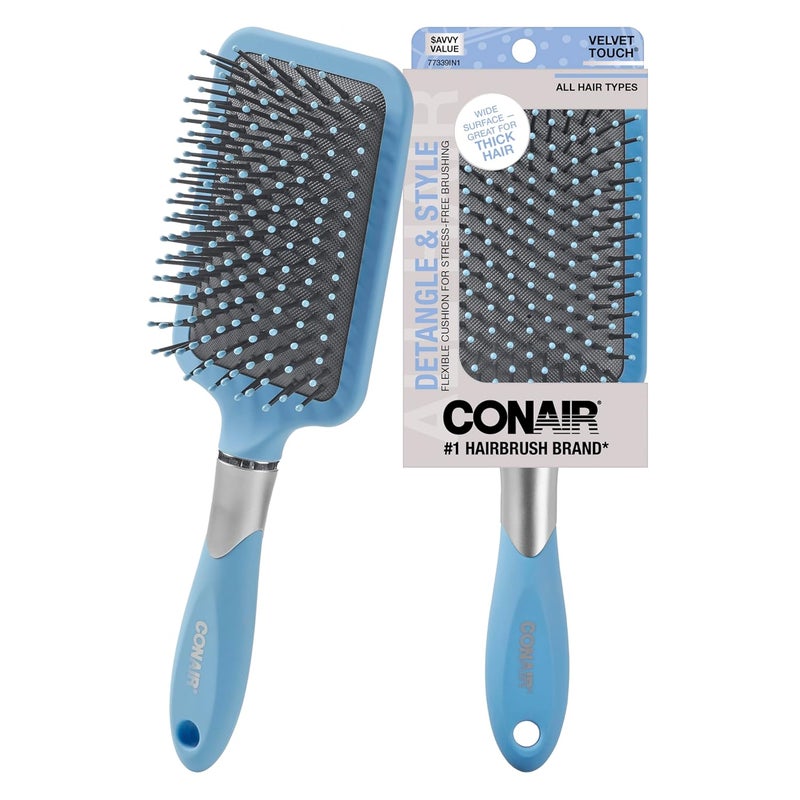 CONAIR Conair Velvet Touch Paddle Cushion hair brush - Detangling hairbrush - curly or straight styles - men or women - detangler - features soft touch handle - Sky Blue 