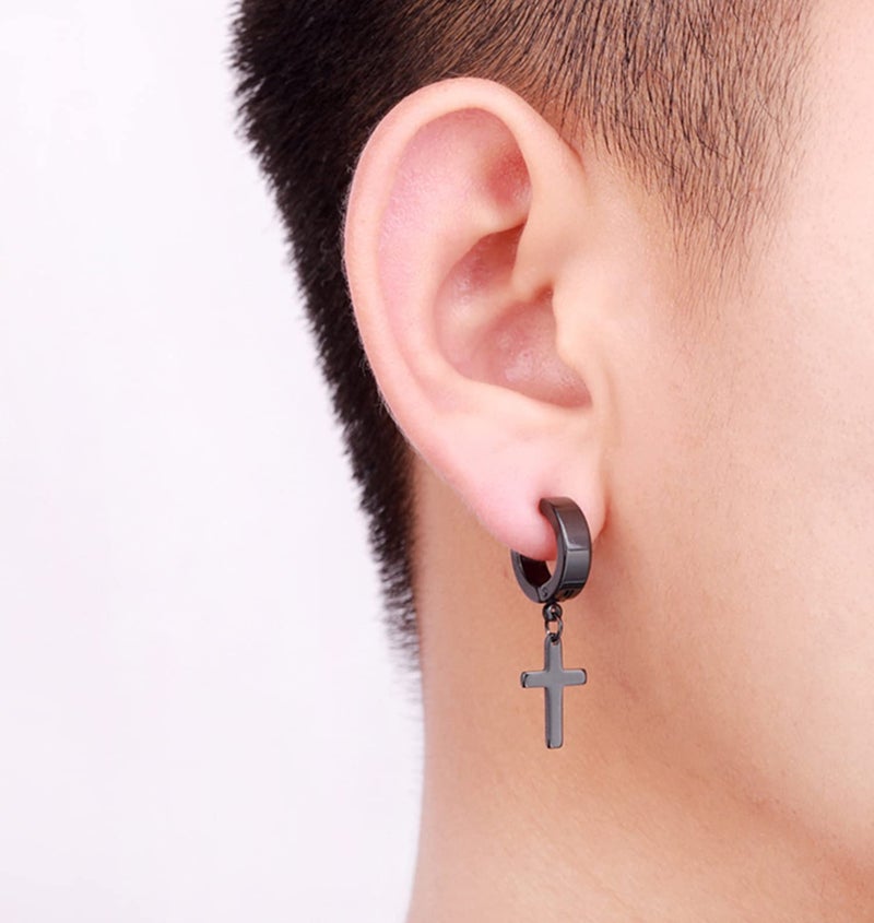 CCBFY Stainless Steel Cross Earrings Set for Men Women Dangle Hinged Men Women Earrings Silver Gold Black (1 Pari Black) - Image 4