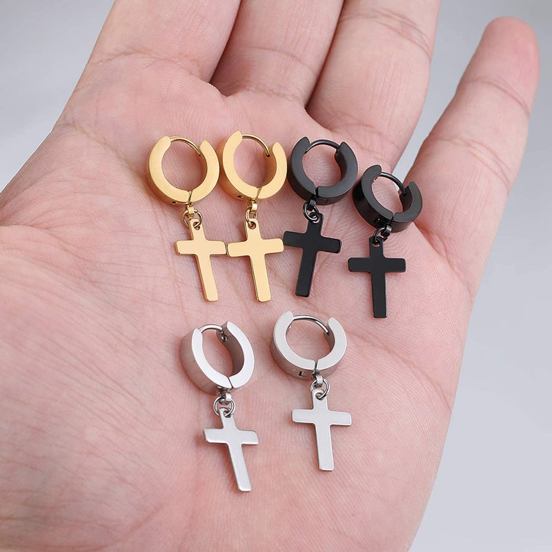 CCBFY Stainless Steel Cross Earrings Set for Men Women Dangle Hinged Men Women Earrings Silver Gold Black (1 Pari Black) - Image 5