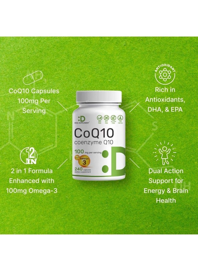 ملحق الصفقة CoQ10 100mg، 240 كبسولة - مع حمض أوميجا 3 الدهني 100mg - مكملات إنزيم Q10 الحيوي - دعم مضاد للأكسدة لصحة القلب والطاقة والدماغ - غير معدل وراثيًا  - Image 4