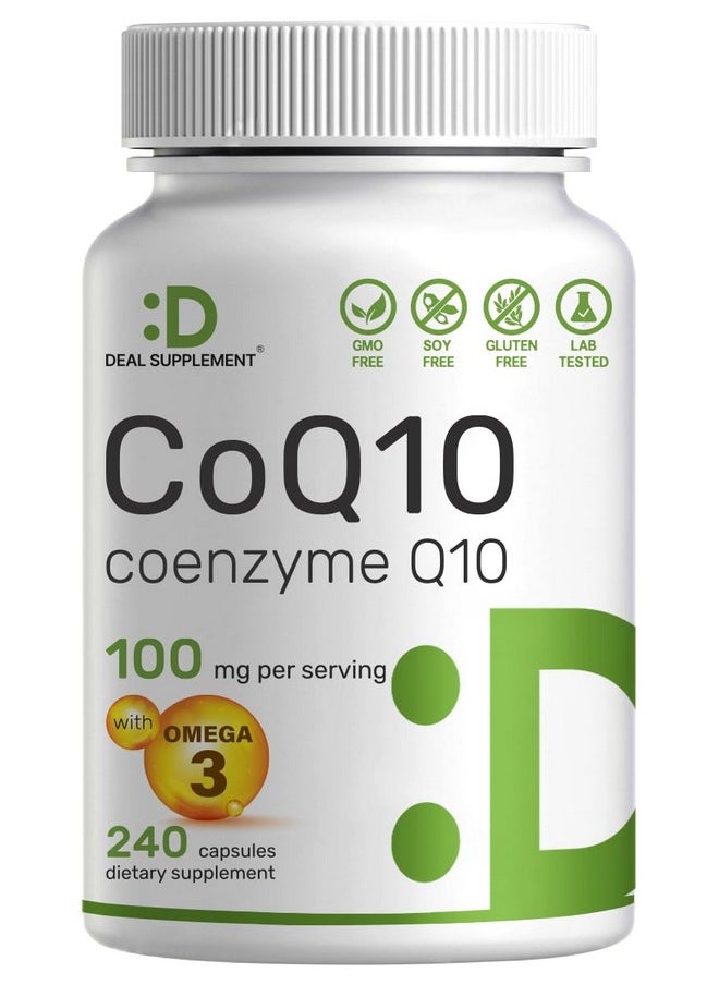 ملحق الصفقة CoQ10 100mg، 240 كبسولة - مع حمض أوميجا 3 الدهني 100mg - مكملات إنزيم Q10 الحيوي - دعم مضاد للأكسدة لصحة القلب والطاقة والدماغ - غير معدل وراثيًا  - Image 1
