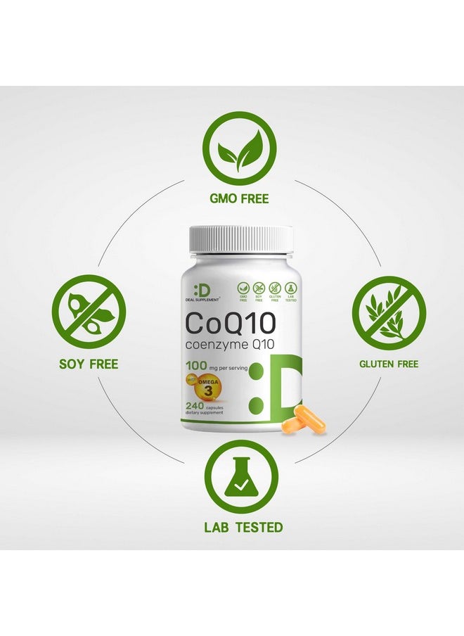ملحق الصفقة CoQ10 100mg، 240 كبسولة - مع حمض أوميجا 3 الدهني 100mg - مكملات إنزيم Q10 الحيوي - دعم مضاد للأكسدة لصحة القلب والطاقة والدماغ - غير معدل وراثيًا  - Image 3
