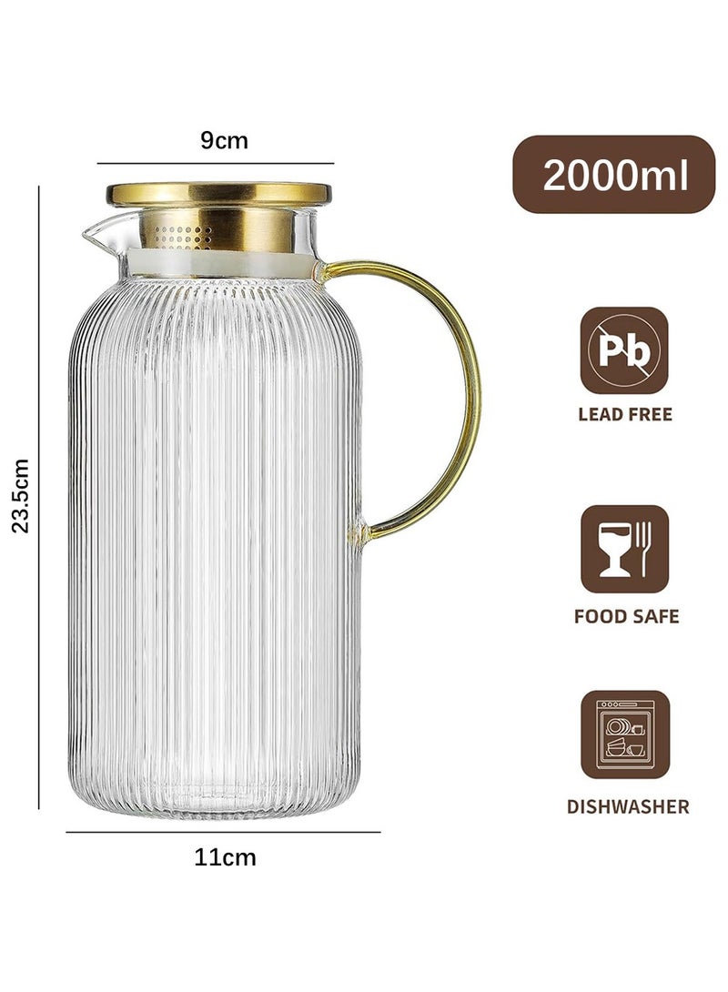 LENND Glass Water Bottle with Lid, 68oz/2L Classic Vertical Stripes Water Bottle, Glass Water Bottle for Cold Brew Coffee, Coffee, Lemonade, Iced Sun Tea, Beverages, Milk, Heat Resistant, 1 Pack - Image 2