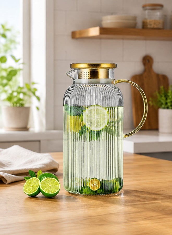 LENND Glass Water Pitcher with Lid, 68oz/2L Classic Vertical Stripes Glass Pitcher for Cold Brew Coffee, Lemonade, Iced Tea, Beverages, Milk, Heat Resistant, 1 Pack - Image 1