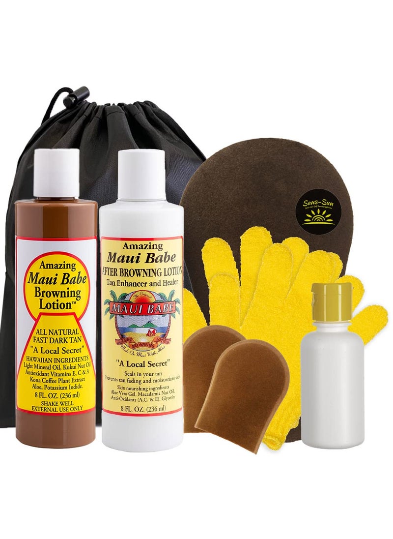 Nautical Crush Trading - Maui Babe Browning Lotion 8oz  Maui Babe After Browning Lotion 8oz 9 Pc Deluxe Maui Babe Package Outdoor Tanner  After Sun Enhancer Lotion Kit with Tanning Mitts Travel Bottle Draw String Bag - Image 1