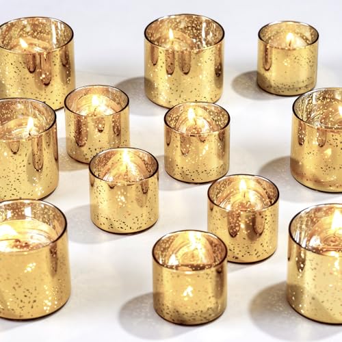 FrutPunch 12-Piece Gold Candle Holders, Speckled Mercury Gold Votive Candle Holders, Two Models, Suitable for Wedding Table Centerpieces, Party Decorations and Home Decor - Image 1