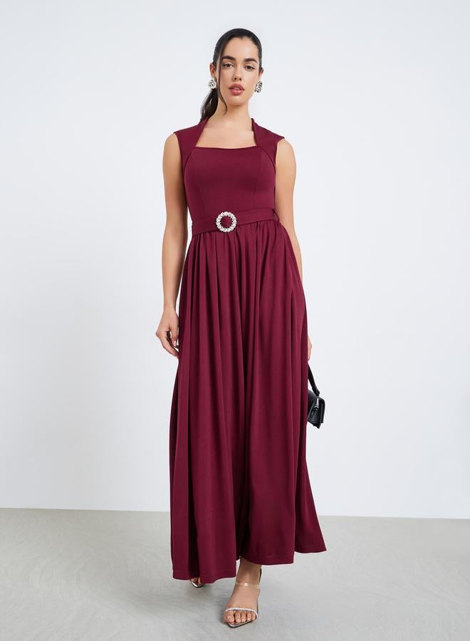 Styli Women Burgundy A-Line Maxi Dress with Belt - Image 3