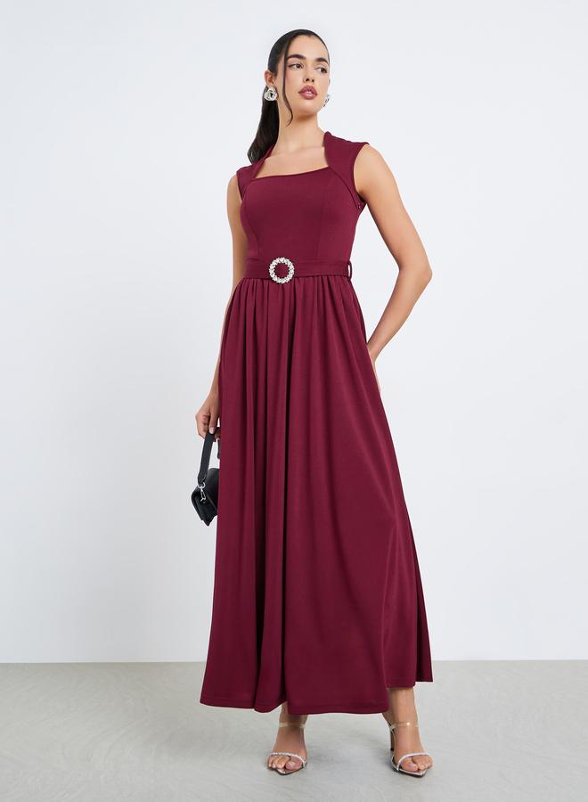 Styli Women Burgundy A-Line Maxi Dress with Belt - Image 1