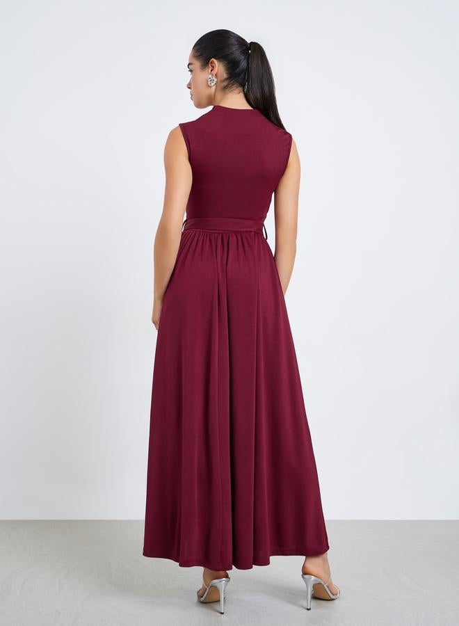 Styli Women Burgundy A-Line Maxi Dress with Belt - Image 5
