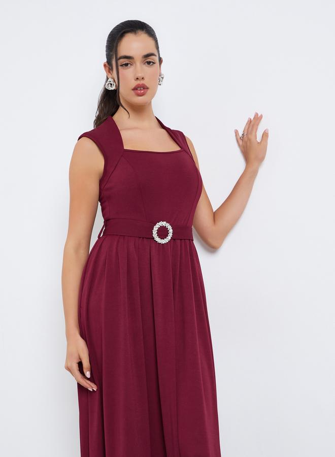 Styli Women Burgundy A-Line Maxi Dress with Belt - Image 2