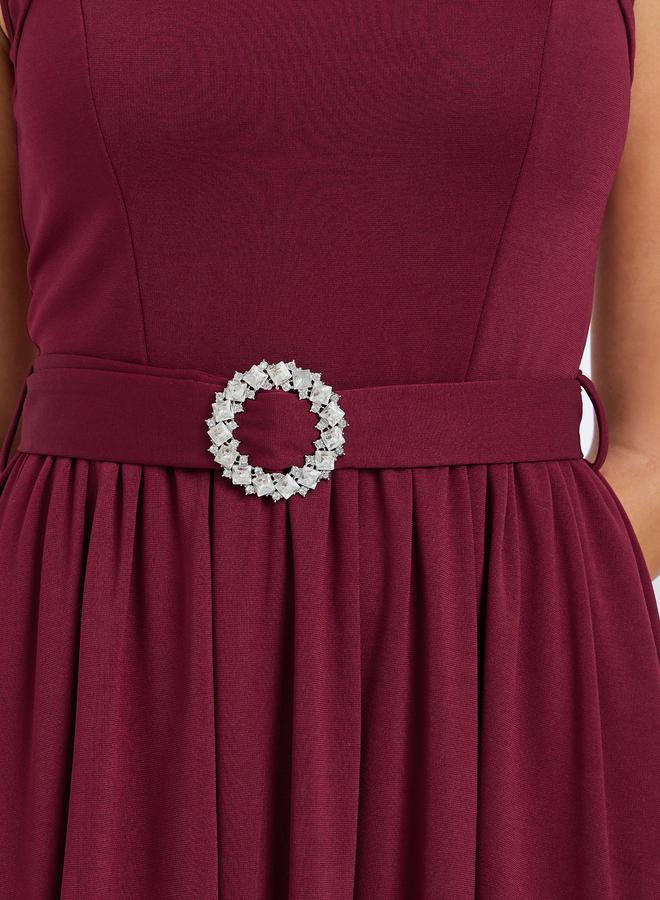 Styli Women Burgundy A-Line Maxi Dress with Belt - Image 4