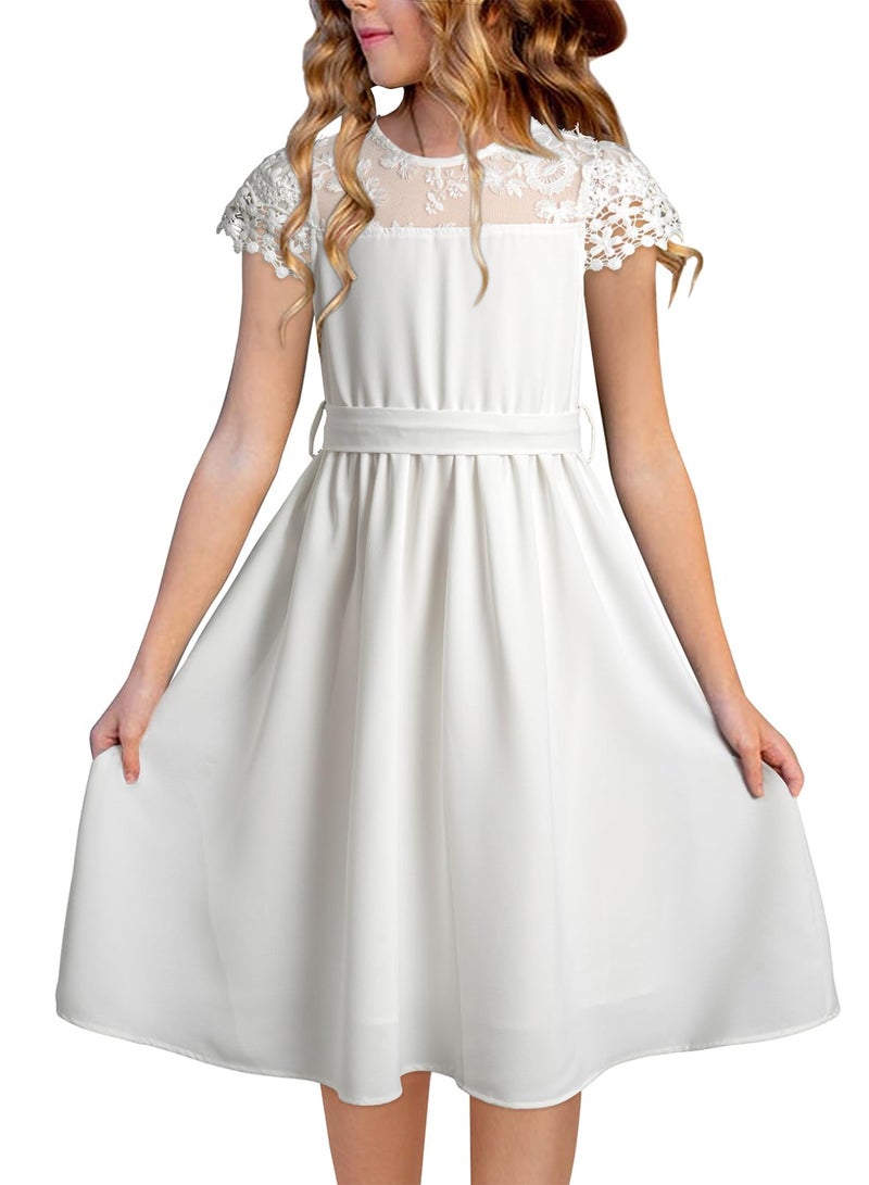 blibean Tween Girls Summer Dresses Kid Short Sleeve Lace Mesh Belted Flower Dress 2025 Party Semi Formal Elegant Fancy Wedding Gust Outfit Solid Casual Dressy Flare Clothes Size 12-13 Year White - Image 1