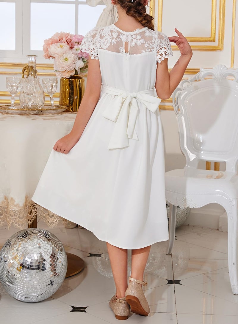 blibean Tween Girls Summer Dresses Kid Short Sleeve Lace Mesh Belted Flower Dress 2025 Party Semi Formal Elegant Fancy Wedding Gust Outfit Solid Casual Dressy Flare Clothes Size 12-13 Year White - Image 3