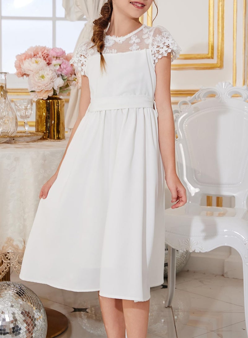 blibean Tween Girls Summer Dresses Kid Short Sleeve Lace Mesh Belted Flower Dress 2025 Party Semi Formal Elegant Fancy Wedding Gust Outfit Solid Casual Dressy Flare Clothes Size 12-13 Year White - Image 4
