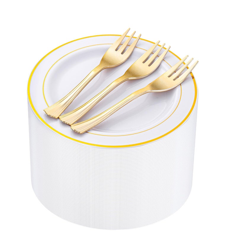 WELLIFE 120 PCS Plastic Dessert Plates and 120 PCS Forks, 6.3 inch Disposable Salad Plate, Premium White Appetizer Plates with Gold Rims Perfect for Party and Wedding - Image 1